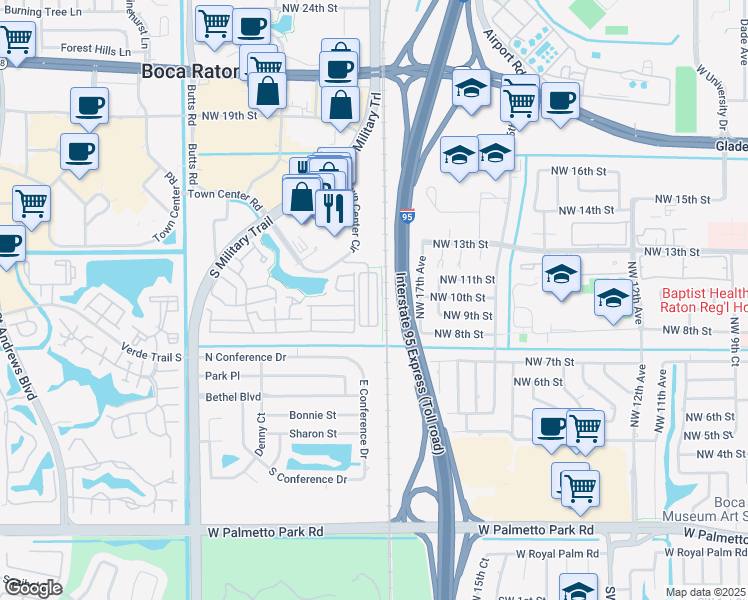 map of restaurants, bars, coffee shops, grocery stores, and more near 1036 Northwest 18th Avenue in Boca Raton