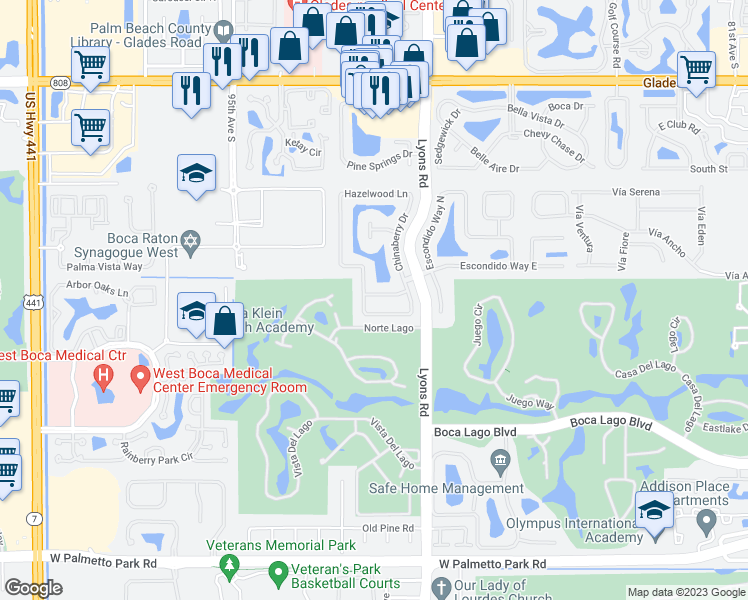 map of restaurants, bars, coffee shops, grocery stores, and more near 9140 Red Oak Lane in Boca Raton