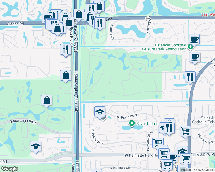 map of restaurants, bars, coffee shops, grocery stores, and more near 21347 Harrow Court in Boca Raton