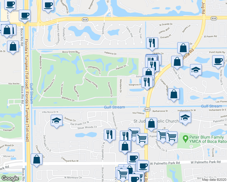 map of restaurants, bars, coffee shops, grocery stores, and more near 21366 Greenwood Court in Boca Raton