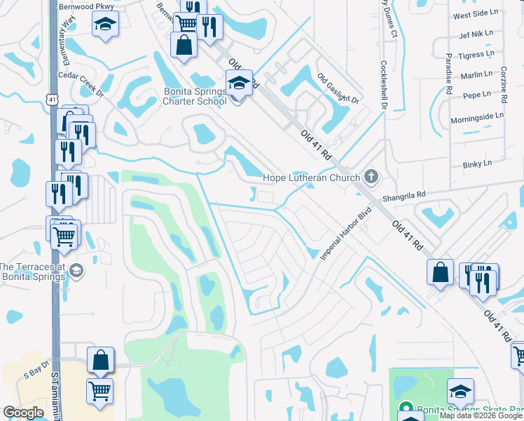 map of restaurants, bars, coffee shops, grocery stores, and more near 26066 Princess Lane in Bonita Springs