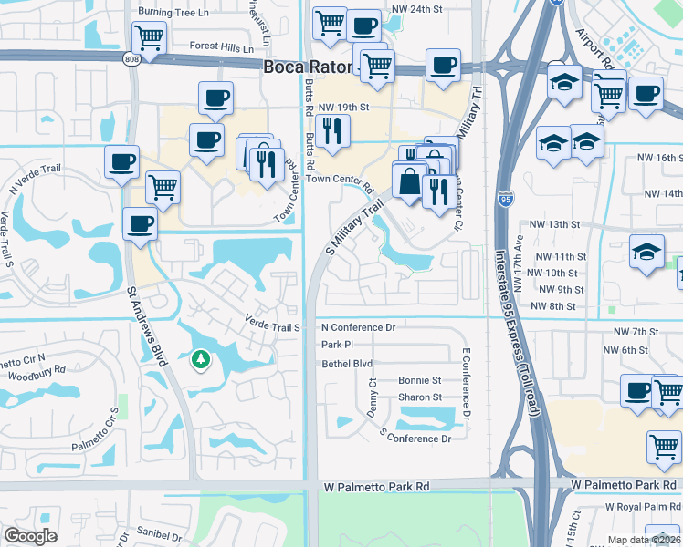 map of restaurants, bars, coffee shops, grocery stores, and more near 5379 Grand Park Place in Boca Raton