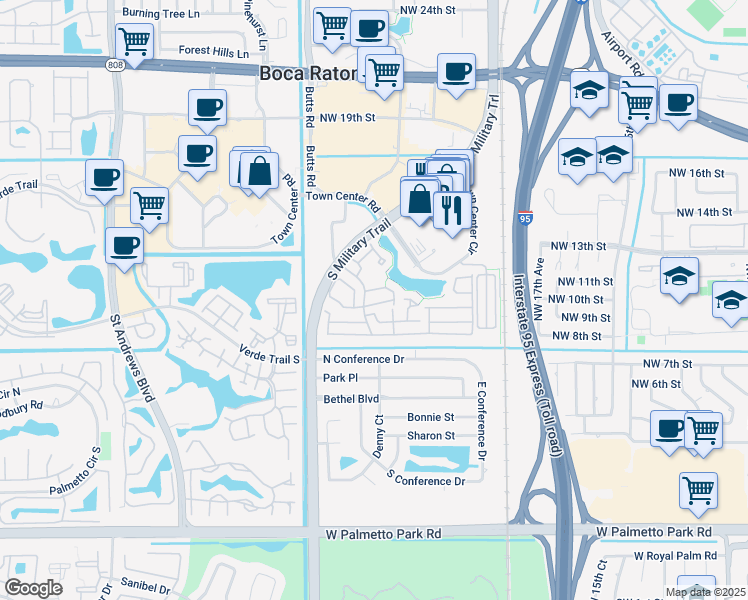 map of restaurants, bars, coffee shops, grocery stores, and more near 5354 Park Place Circle in Boca Raton