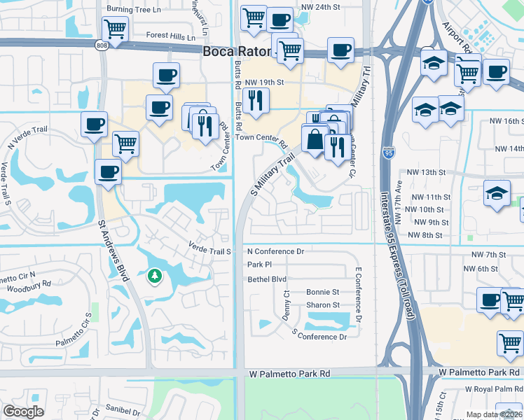 map of restaurants, bars, coffee shops, grocery stores, and more near 5379 Grand Park Place in Boca Raton