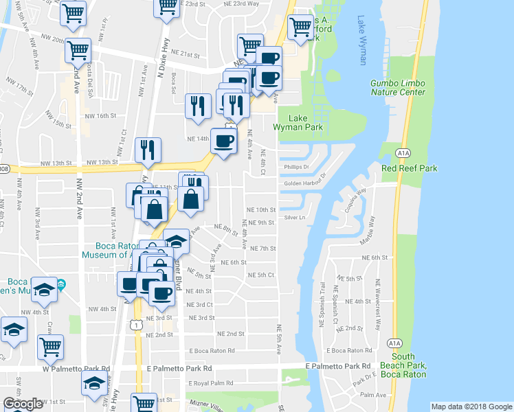 map of restaurants, bars, coffee shops, grocery stores, and more near 437 Northeast 10th Street in Boca Raton