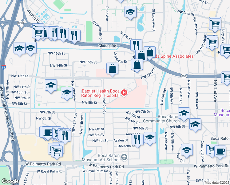 map of restaurants, bars, coffee shops, grocery stores, and more near 853 Meadows Road in Boca Raton