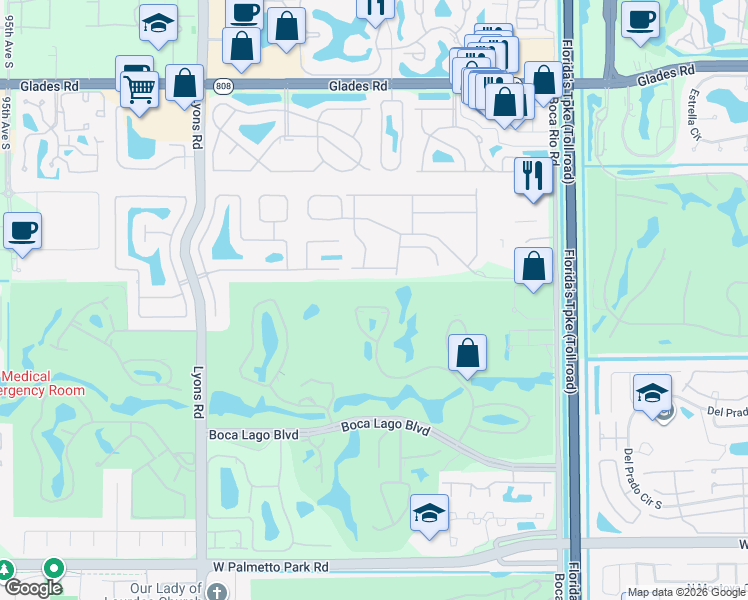 map of restaurants, bars, coffee shops, grocery stores, and more near 8545 Casa Del Lago in Boca Raton