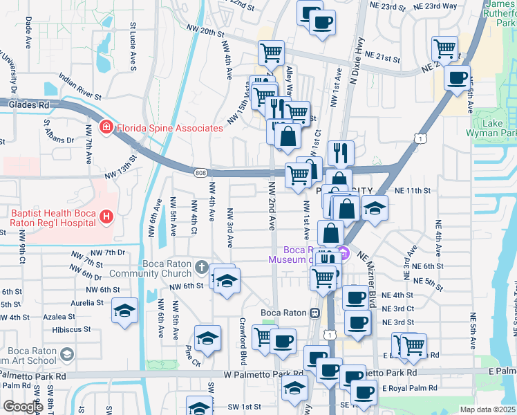 map of restaurants, bars, coffee shops, grocery stores, and more near 221 Northwest 10th Street in Boca Raton