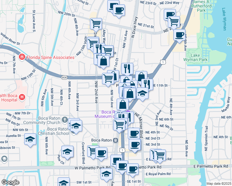 map of restaurants, bars, coffee shops, grocery stores, and more near 1050 Northwest 1st Avenue in Boca Raton