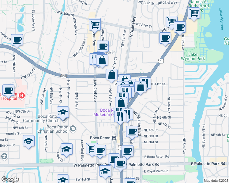 map of restaurants, bars, coffee shops, grocery stores, and more near 1050 Northwest 1st Avenue in Boca Raton