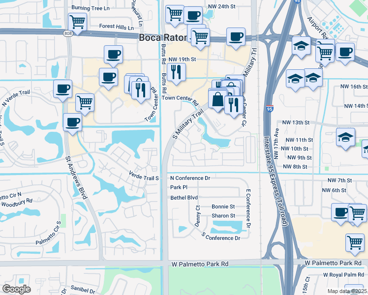 map of restaurants, bars, coffee shops, grocery stores, and more near 5386 Grand Park Place in Boca Raton