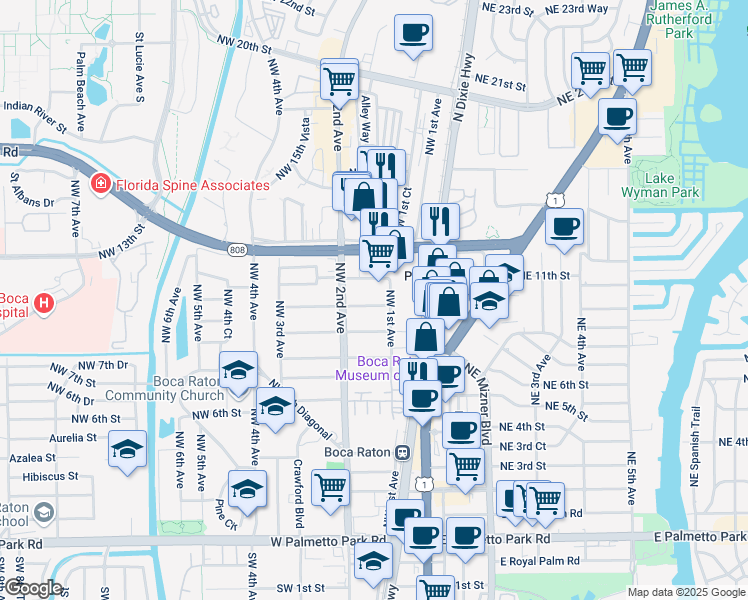 map of restaurants, bars, coffee shops, grocery stores, and more near 1050 Northwest 1st Avenue in Boca Raton