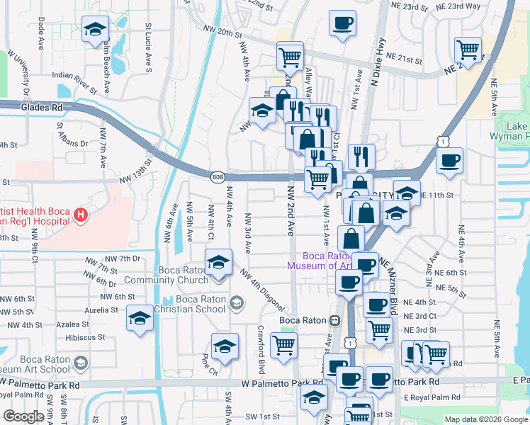 map of restaurants, bars, coffee shops, grocery stores, and more near 221 Northwest 10th Street in Boca Raton