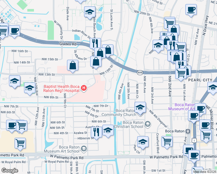 map of restaurants, bars, coffee shops, grocery stores, and more near 644 Northwest 13th Street in Boca Raton