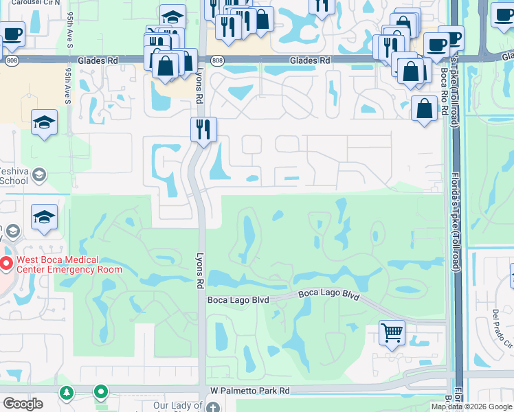 map of restaurants, bars, coffee shops, grocery stores, and more near 8736 Escondido Way East in Boca Raton