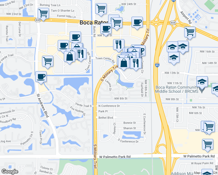 map of restaurants, bars, coffee shops, grocery stores, and more near 5387 Grand Park Place in Boca Raton