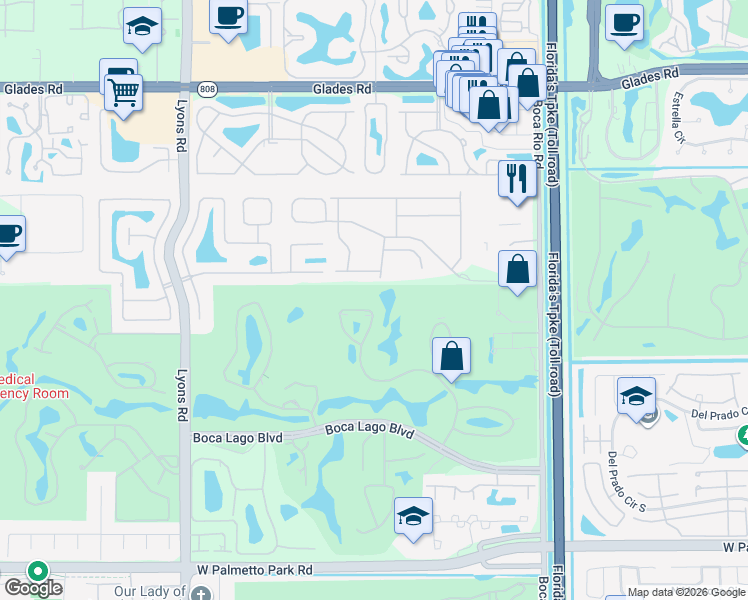 map of restaurants, bars, coffee shops, grocery stores, and more near 21214 Lago Circle in Boca Raton