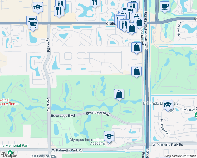 map of restaurants, bars, coffee shops, grocery stores, and more near 8510 Casa Del Lago in Boca Raton
