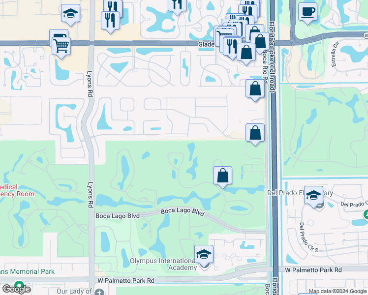 map of restaurants, bars, coffee shops, grocery stores, and more near 21215 Lago Circle in Boca Raton