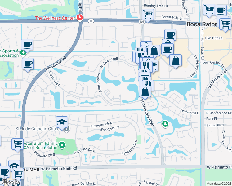 map of restaurants, bars, coffee shops, grocery stores, and more near 6015 North Verde Trail in Boca Raton