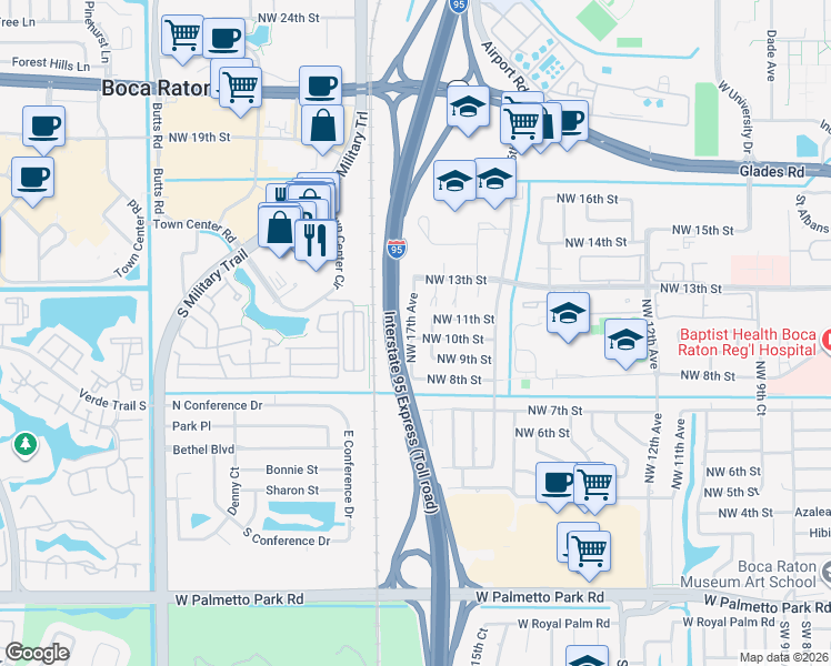 map of restaurants, bars, coffee shops, grocery stores, and more near 1698 Northwest 10th Street in Boca Raton