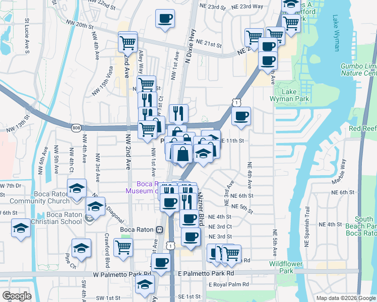 map of restaurants, bars, coffee shops, grocery stores, and more near 66 Northeast 1st Avenue in Boca Raton