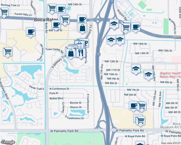 map of restaurants, bars, coffee shops, grocery stores, and more near 1036 Northwest 18th Avenue in Boca Raton