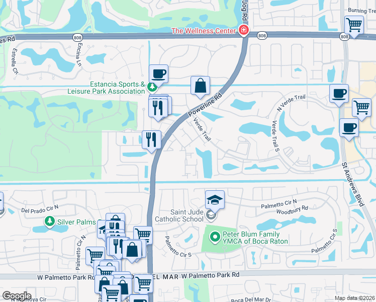 map of restaurants, bars, coffee shops, grocery stores, and more near 21415 Campo Allegro Drive in Boca Raton