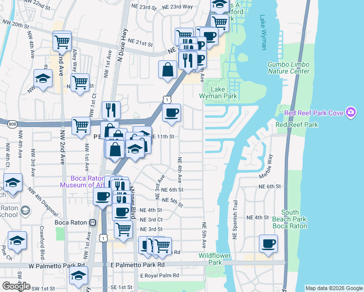map of restaurants, bars, coffee shops, grocery stores, and more near 437 Northeast 10th Street in Boca Raton