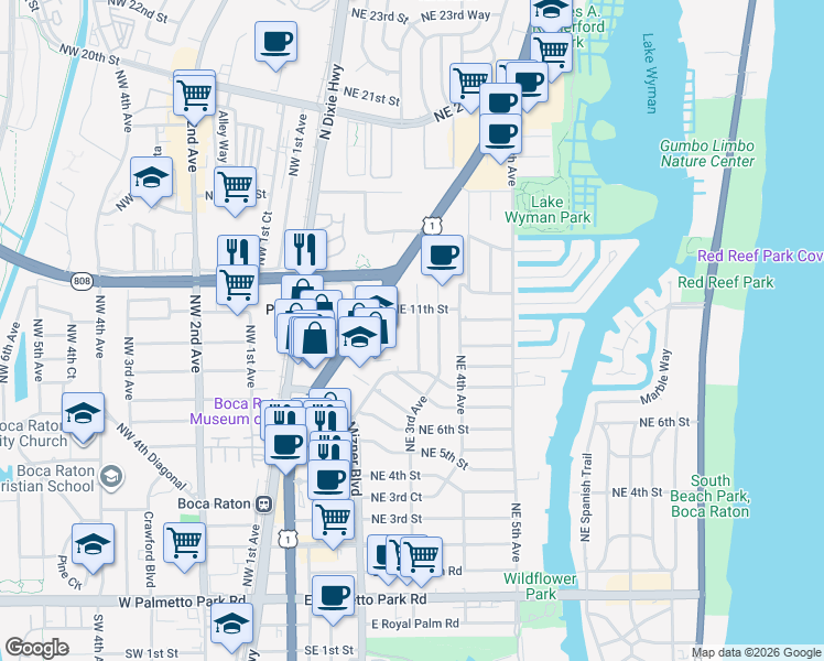 map of restaurants, bars, coffee shops, grocery stores, and more near 991 Northeast 2nd Terrace in Boca Raton