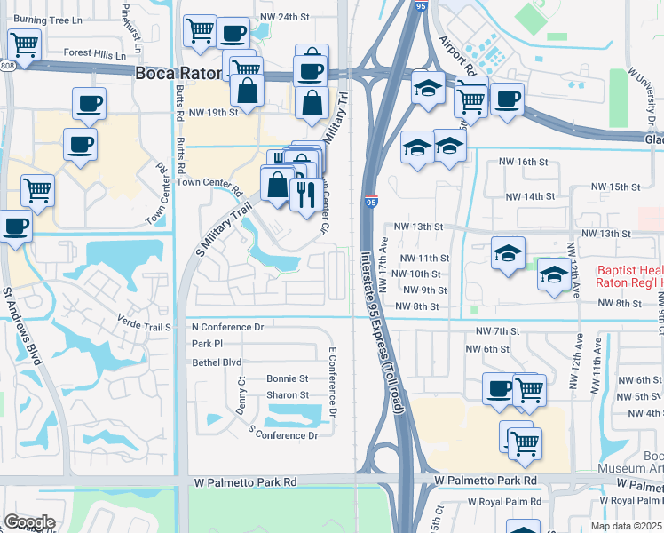 map of restaurants, bars, coffee shops, grocery stores, and more near 1036 Northwest 18th Avenue in Boca Raton