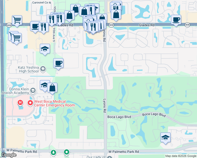 map of restaurants, bars, coffee shops, grocery stores, and more near 9045 Red Oak Lane in Boca Raton