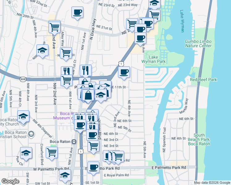 map of restaurants, bars, coffee shops, grocery stores, and more near 991 Northeast 2nd Terrace in Boca Raton