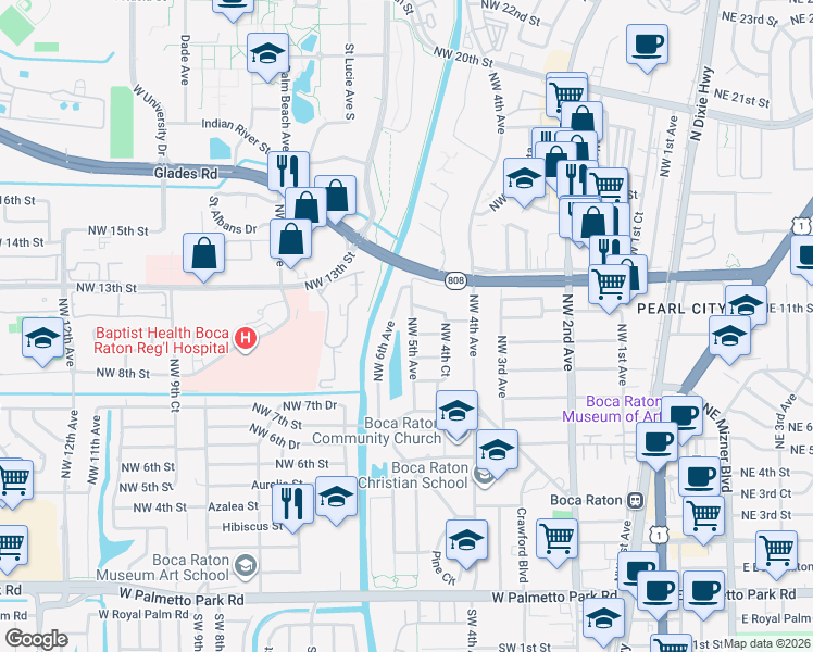 map of restaurants, bars, coffee shops, grocery stores, and more near 1040 Northwest 6th Avenue in Boca Raton