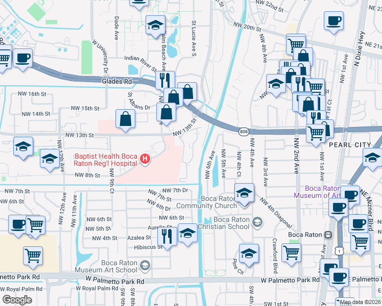 map of restaurants, bars, coffee shops, grocery stores, and more near 644 Northwest 13th Street in Boca Raton