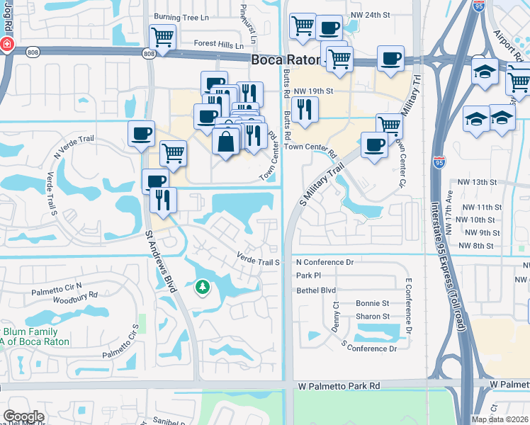 map of restaurants, bars, coffee shops, grocery stores, and more near 21319 Town Lakes Drive in Boca Raton