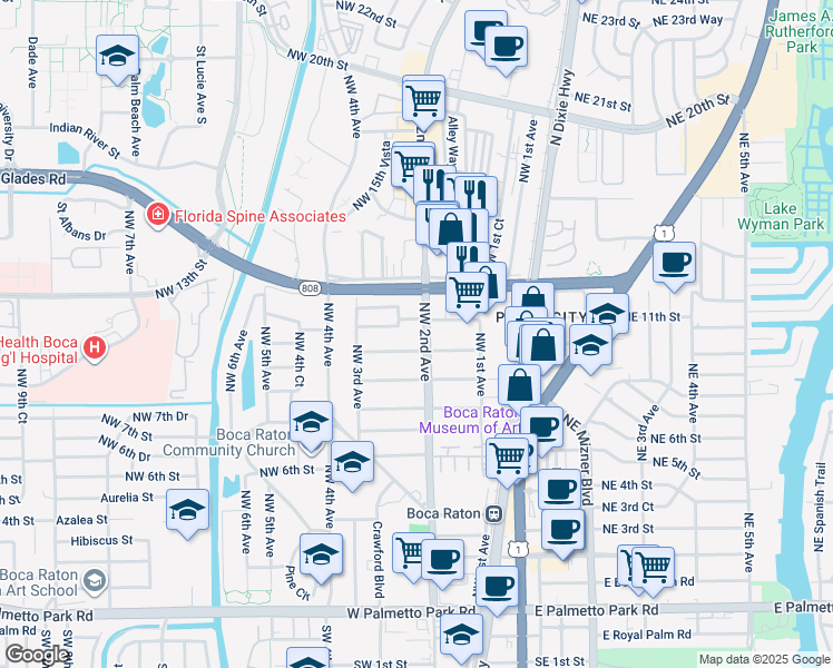 map of restaurants, bars, coffee shops, grocery stores, and more near 1049 Northwest 2nd Avenue in Boca Raton