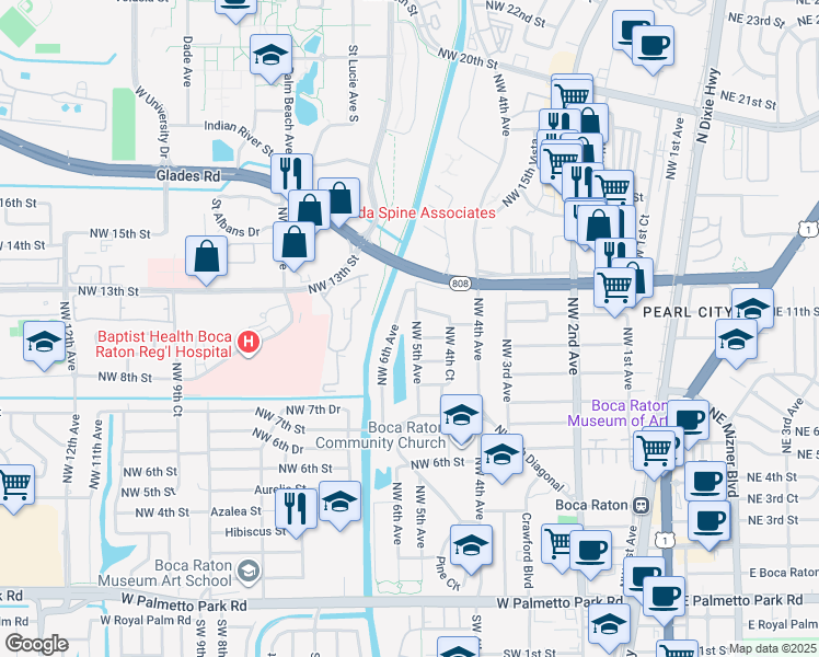 map of restaurants, bars, coffee shops, grocery stores, and more near 1040 Northwest 6th Avenue in Boca Raton