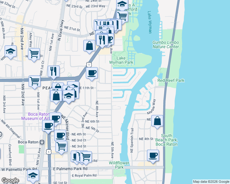 map of restaurants, bars, coffee shops, grocery stores, and more near 500 Kay Terrace in Boca Raton