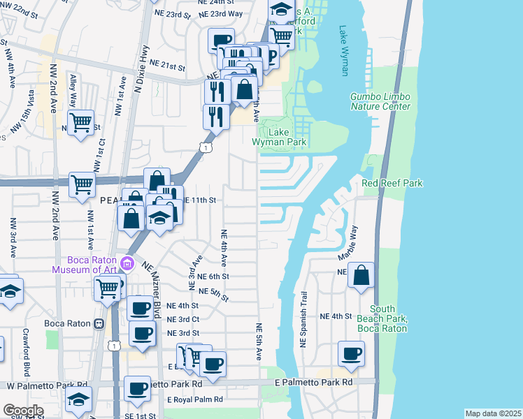 map of restaurants, bars, coffee shops, grocery stores, and more near 500 Kay Terrace in Boca Raton