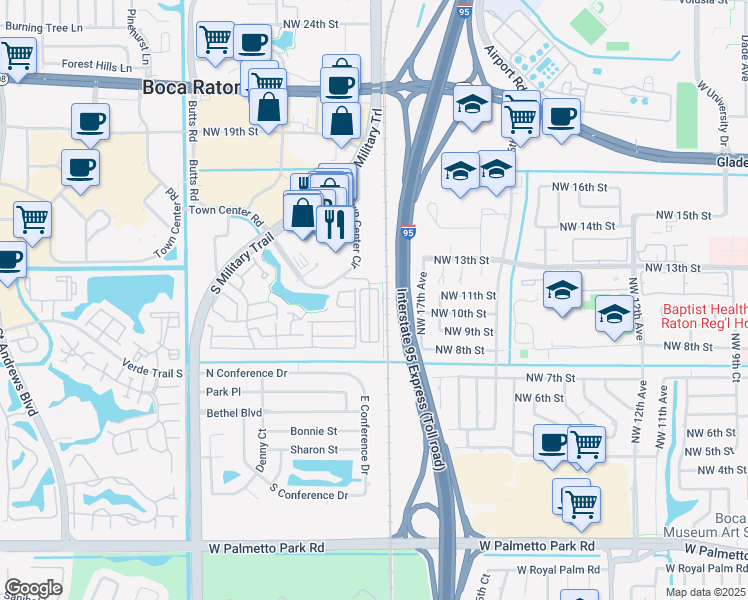 map of restaurants, bars, coffee shops, grocery stores, and more near 1036 Northwest 18th Avenue in Boca Raton