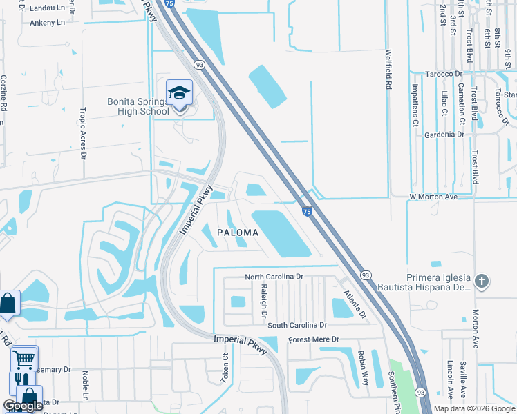 map of restaurants, bars, coffee shops, grocery stores, and more near 26131 Grand Prix Drive in Bonita Springs