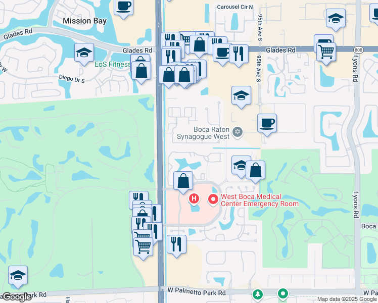 map of restaurants, bars, coffee shops, grocery stores, and more near 9709 Arbor Oaks Lane in Boca Raton