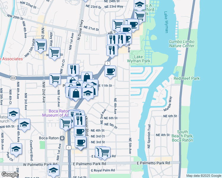 map of restaurants, bars, coffee shops, grocery stores, and more near 1070 Northeast 3rd Avenue in Boca Raton