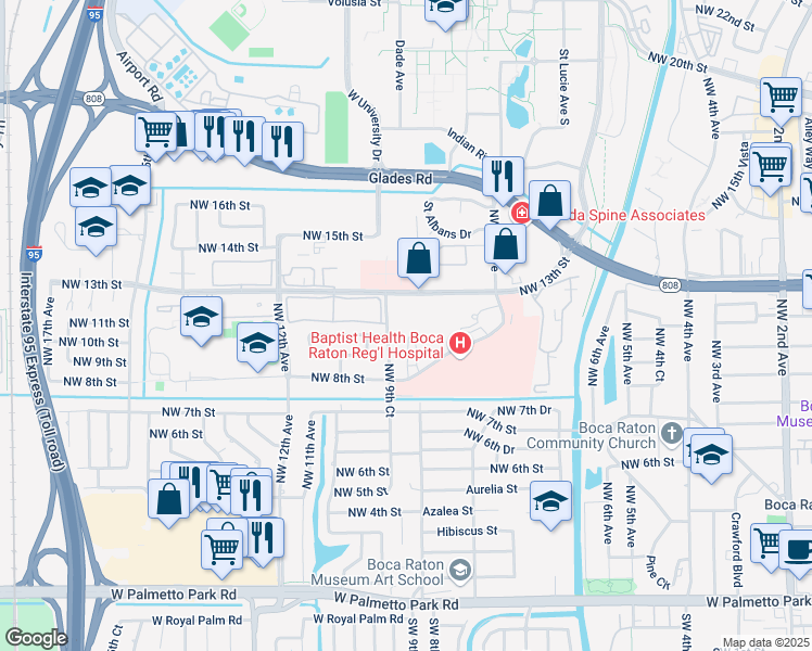 map of restaurants, bars, coffee shops, grocery stores, and more near 853 Meadows Road in Boca Raton