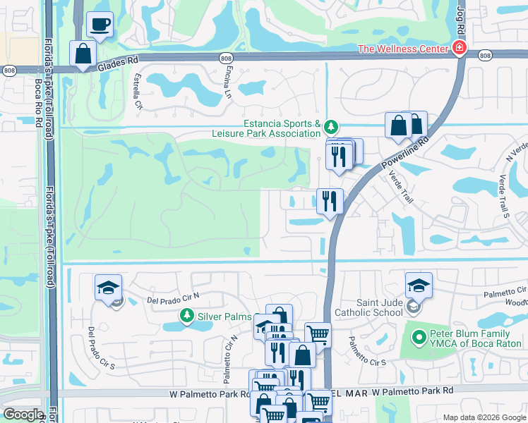 map of restaurants, bars, coffee shops, grocery stores, and more near 21366 Greenwood Court in Boca Raton