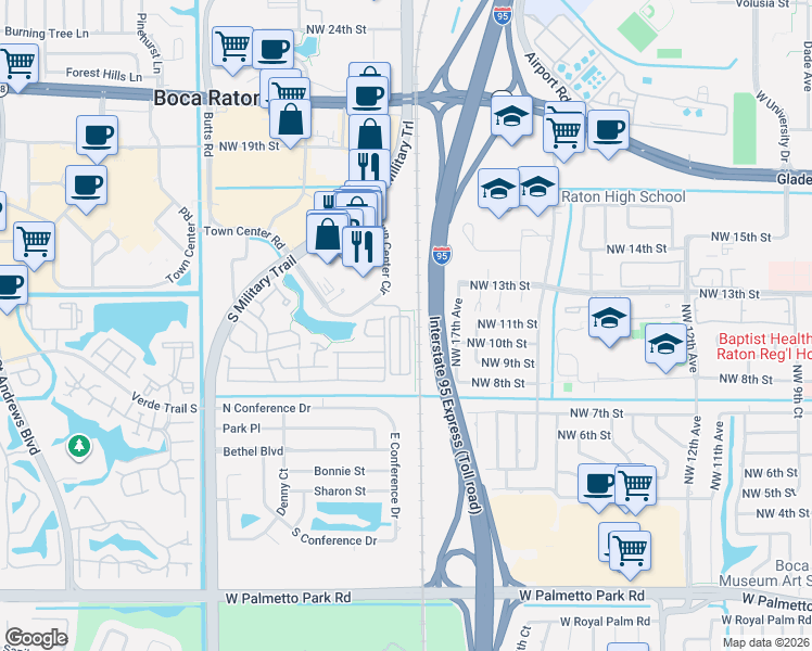 map of restaurants, bars, coffee shops, grocery stores, and more near 1036 Northwest 18th Avenue in Boca Raton