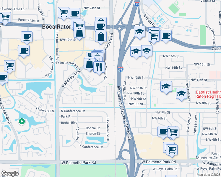 map of restaurants, bars, coffee shops, grocery stores, and more near 1036 Northwest 18th Avenue in Boca Raton