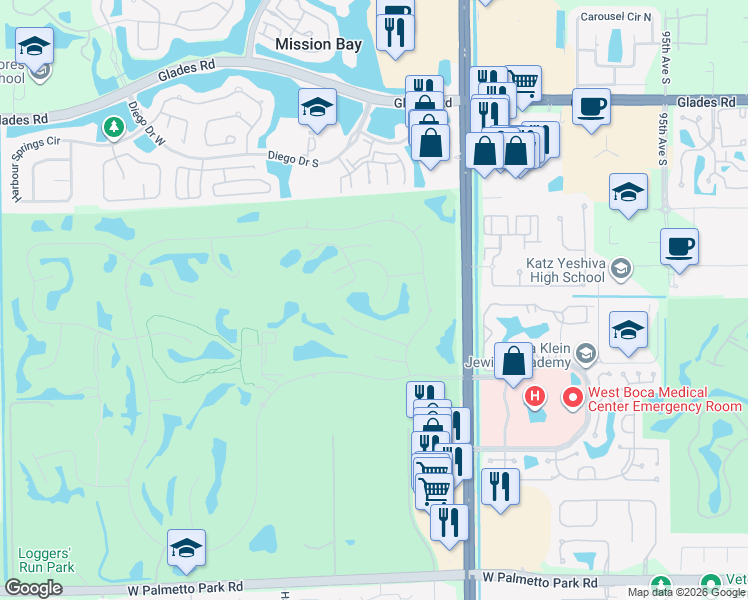 map of restaurants, bars, coffee shops, grocery stores, and more near 10289 Silver Lake Drive in Boca Raton