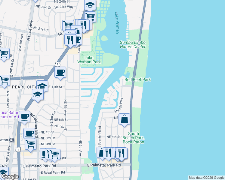 map of restaurants, bars, coffee shops, grocery stores, and more near 790 Coquina Way in Boca Raton